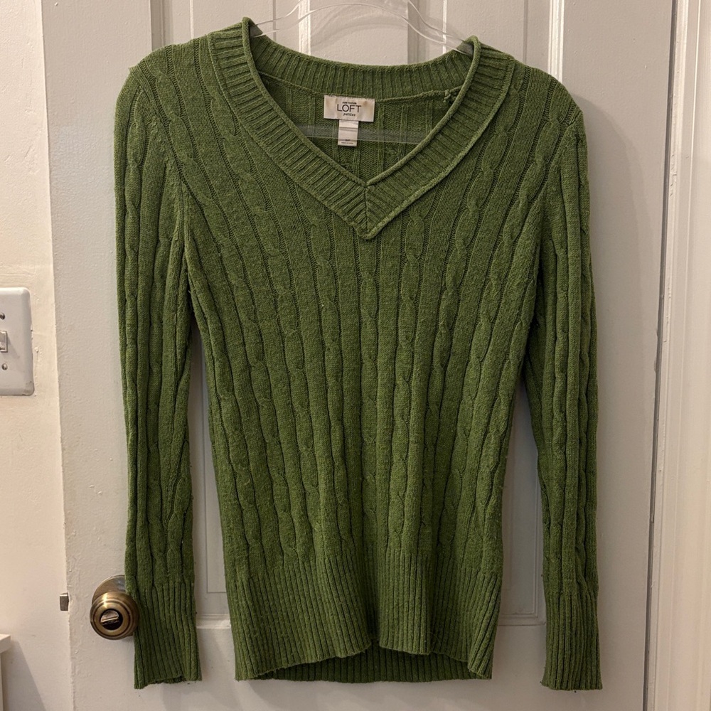 LOFT Olive V-Neck Cable Sweater